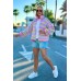 Kurze, leichte Oversize-Strickjacke mit Streifen – Babyrosa/Türkis