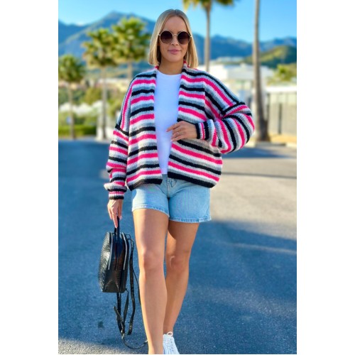 Short, light oversized cardigan in stripes - black/dark grey Short, light oversized cardigan in stripes - black/dark grey