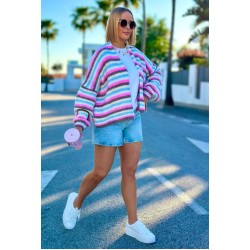 Short, light oversized cardigan in stripes - cocoa/baby pink