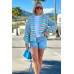 Kurze, leichte Oversize-Strickjacke mit Streifen – Himmelblau/Zitronengelb
