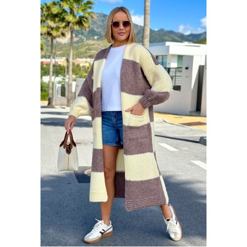 Langer Karo-Cardigan mit Taschen – Kakao