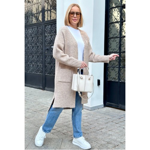 Lange, dekorativ gestrickte Strickjacke – Beige