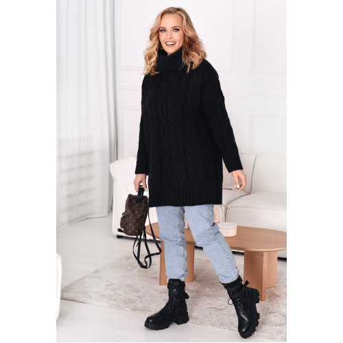 Langer Rollkragenpullover mit Zopfmuster – Schwarz