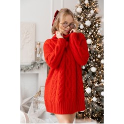 Langer Rollkragenpullover mit Zopfmuster – Rot Langer Rollkragenpullover mit Zopfmuster – Rot