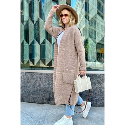 Langer Cardigan mit Taschen – Latte