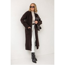 Langer Cardigan mit hochgekrempelten Ärmeln – Schokoladenbraun Langer Cardigan mit hochgekrempelten Ärmeln – Schokoladenbraun