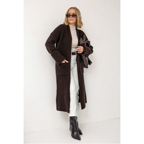 Langer Cardigan mit hochgekrempelten Ärmeln – Schokoladenbraun