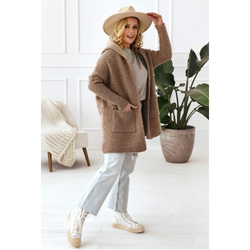 Lange Strickjacke mit Kapuze - latte
