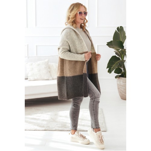Lange, dreifarbige Strickjacke mit Kapuze – Braun
