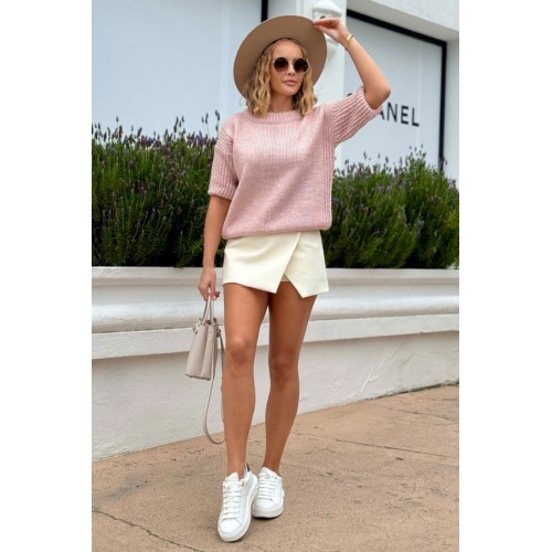 Sweter oversize z krótkim rękawem - pudrowy róż