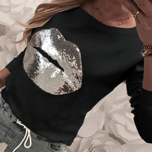 Double thread embroidered blouse with sequined lips - black