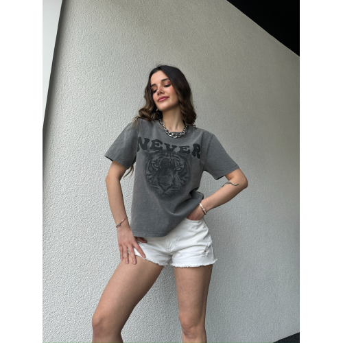 Never T-Shirt mit Tiger – grau