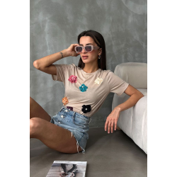 T-Shirt mit aufgenähten Blumen und Perlen - beige