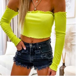 Kurze spanische Bluse mit Gummiband und langen Ärmeln - neongrün