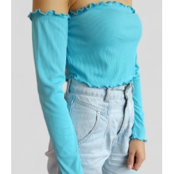 Kurze spanische Bluse mit Gummiband und langen Ärmeln - türkis