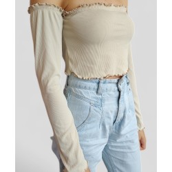 Kurze spanische Bluse mit Gummiband und langen Ärmeln - beige