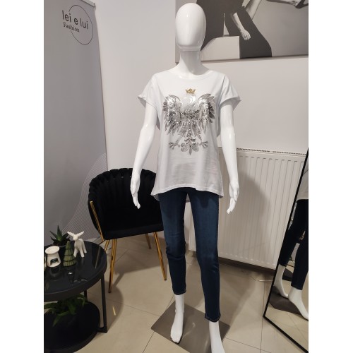 T-Shirt mit Adler und Pailletten - weiß
