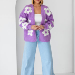 Krótki kardigan w kwiaty oversize - lila/ecru One size Sploty