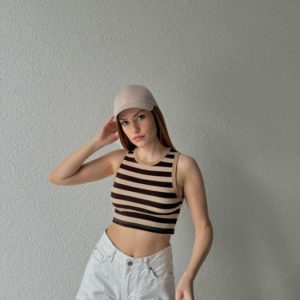 Crop top w paski - odcienie brązu L