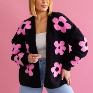 Krótki kardigan w kwiaty oversize - czarny/baby róż One size Sploty