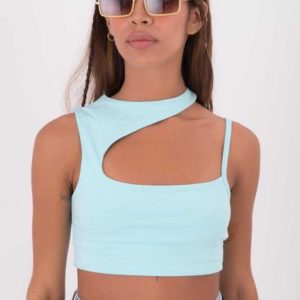Krótki top z dekoltem typu choker na jedno ramię - morski L