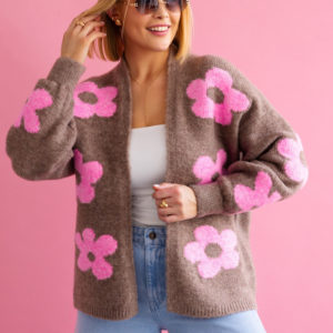 Krótki kardigan w kwiaty oversize - kakao/baby róż One size Sploty