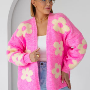 Krótki kardigan w kwiaty oversize - baby róż/wanilia One size Sploty
